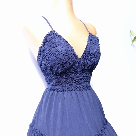 Navy Blue Spaghetti Strap Ruffle Mini Dress with Bow back, Small - Picture 3 of 12